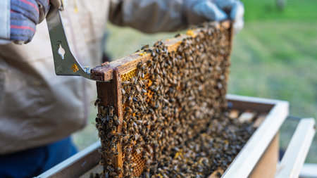 Beekeeper Inspecting Honeycomb Frame Covered with Bees in Apiary, Beekeeping Process