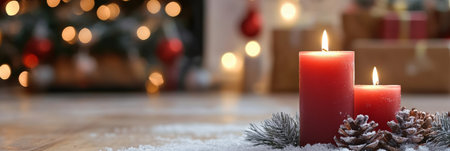 Cozy and Warm Christmas Scene Featuring Candles, Pine Cones, and Snowy Interior Decorationsの素材
