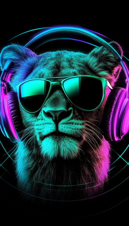 Energetic Feline at a Rave A Colorful Big Wildcat with Headphones and Sunglasses Dancing Vividlyの素材