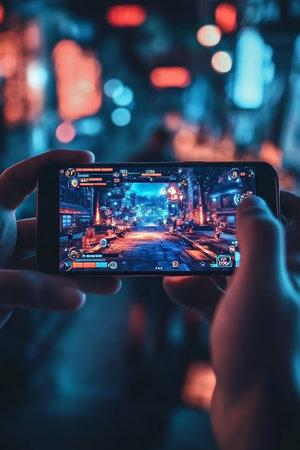 Engaging Immersive Mobile Gaming Experience with Hands Holding Smartphone in Vibrant Night Sceneの素材