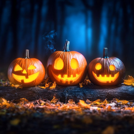 Enchanting Halloween Scene Featuring Glowing Jack O Lanterns In A Spooky, Dark Forest At Nightの素材