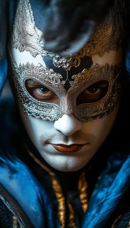 Mystery, Tradition, and Theater Male Model in Ornate Venetian Mask, Dramatically Litの素材