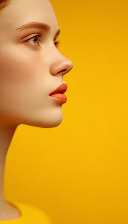 Close-up Beauty Portrait, Young Woman with Smooth Skin, Minimal Makeup on Yellow Backgroundの素材