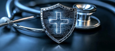 Enhanced Digital Data Privacy in Healthcare Shield Symbol on Stethoscope with Protective Imageryの素材