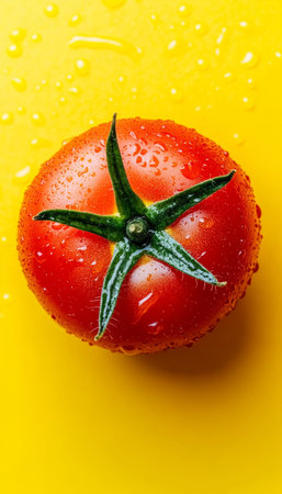 Fresh Red Tomato with Water Droplets on Yellow Surface, Ideal for Healthy Food Photographyの素材