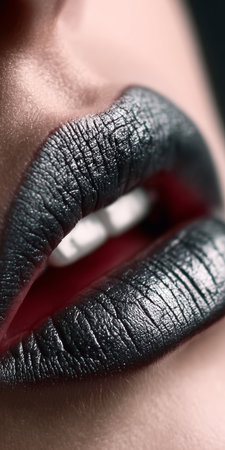 Close-up of Woman s Lips Highlighted with Silver Lipstick, Enhancing Beauty and Styleの素材