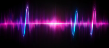 Neon Sound Wave Graphic Illustration with Dark Glow Background for Technology and Innovationの素材
