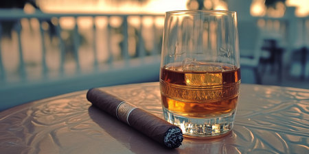 Refined Serenity A Perfect Evening with Whiskey, Cigars, and a Calm Soft Balcony Light Setupの素材