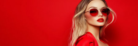 Blonde model with red lipstick and sunglasses, posing elegantly on a vibrant red background.の素材
