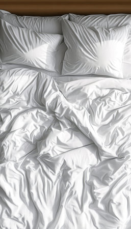 Cozy Unmade Bed with Wrinkled White Linen Sheets and Soft Pillows in Morning Light, Relaxation Spaceの素材