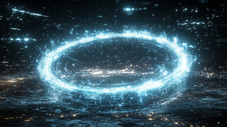 Futuristic Network Concept with Glowing Particle Trails in a Circular Formation for Sci-Fi Visualsの素材