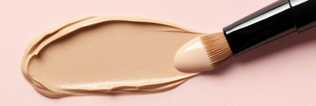 Close-Up of Light Beige Foundation Cream Streak on Powder Pink Background for Makeup Swatchingの素材