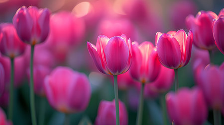 Colorful Tulip Fields in Bloom Beneath a Clear Blue Sky, Embracing the Beauty of Springtimeの素材