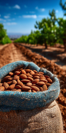 Freshly Harvested Almonds in Burlap Sack Surrounded by Almond Orchard, Perfect for Farm Advertisingの素材