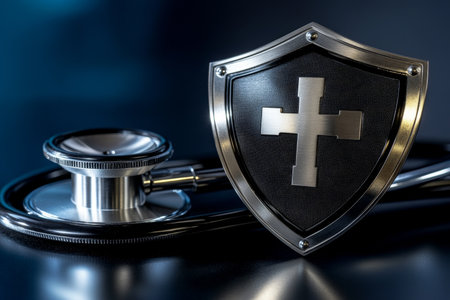 Healthcare Security Shield Featuring Cross and Stethoscope Symbolizing Protection of Patient Dataの素材