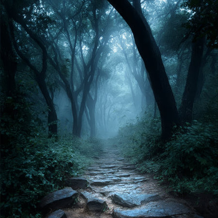 Eerie Forest Scenery with Mysterious Track Way in Dark Fog, Ideal for Halloween or Fall Season Artの素材