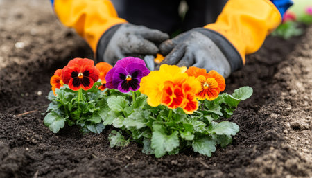 Gardener s Hands in Gloves Planting Colorful Pansies in Vibrant Garden Soil for Spring Beautyの素材