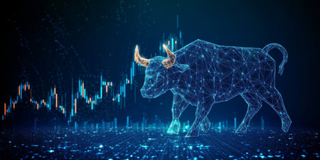 Financial Technology Bull on Stock Market with Trading Candlesticks Against a Blue Backgroundの素材
