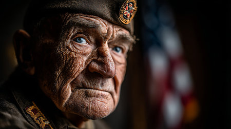 A solemn veteran stands before the American flag, embodying strength, dedication, and pride.の素材