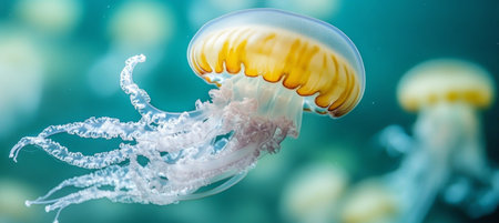 Graceful Jellyfish Aurelia Aurita Glows in the Abyss with Ethereal Beauty in Aquatic Habitat Designの素材