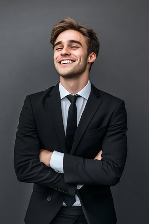 Portrait of a Confident Young Businessman with Perfect Teeth, Isolated on Gray Background, Successの素材