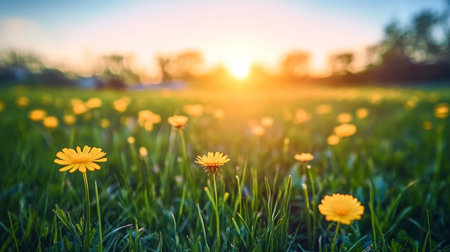 Breathtaking Summer Meadow with Vibrant Yellow Flowers Under a Golden Sunset Sky, Panoramic Viewの素材