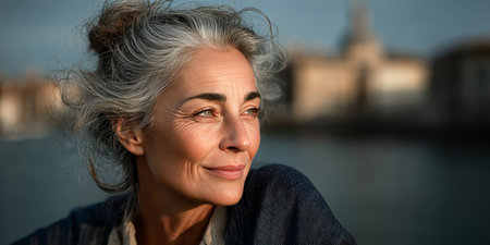 Serene and Reflective European Elder Woman Exuding Calmness and Wisdom in a Natural Outdoor Settingの素材