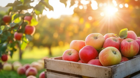 Autumn orchard with abundant apple harvest and sunlight illuminating fresh fruit crates.の素材