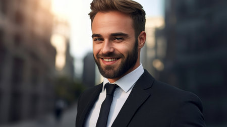 Confident young entrepreneur with beard smiling outdoors in suit against urban city backgroundの素材