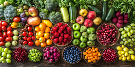Autumn s Bounty A Colorful Display of Seasonal Vegetables and Fruits on a Rustic Wooden Table.の素材