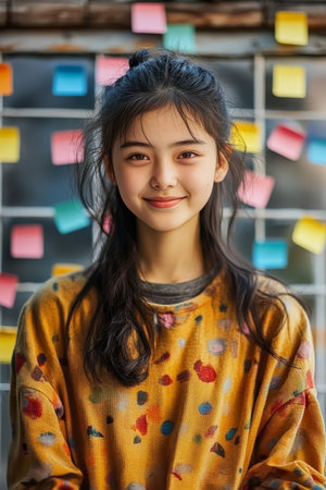 Smiling young Chinese girl in a creative workspace with colorful sticky notes and ideas.の素材