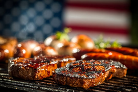 Delicious Barbecue Feast Juicy Steak Cooking on an Outdoor Grill, Perfect for Summer Gatheringsの素材