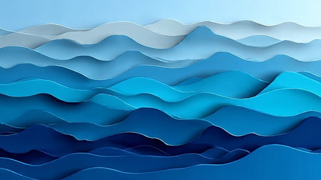 Intricate Layered Paper Art of Dynamic Ocean Waves in Vivid Blues for Modern Wall Decor and Postersの素材