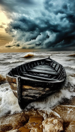Weathered Wooden Boat Implies Abandonment at Lakeside After Storm, Dramatic Rugged Landscape Sceneの素材