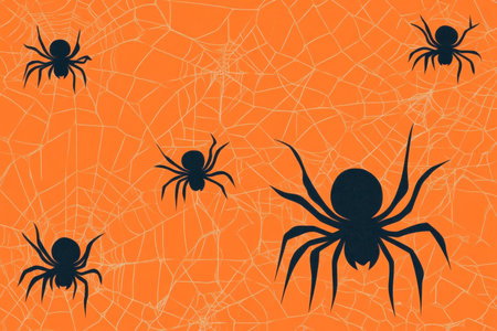 A Spooky Retro Halloween Illustration with Flat Spiders and Geometric Webs on an Orange Backgroundの素材