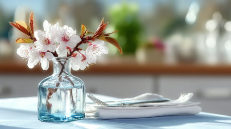 Elegant Spring Table Setting with Fresh Flowers and Serene Dining Arrangement for Seasonal Decorの素材