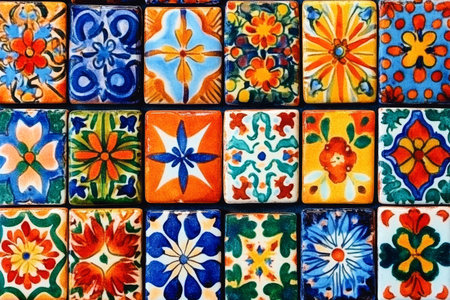 Vibrant Mexican Talavera Legacy Ornamental Tile Art Featuring Colorful Floral and Geometric Designsの素材