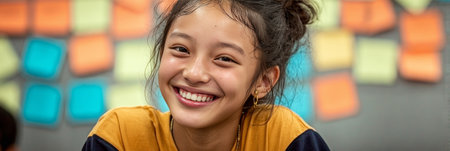 Joyful Young Asian Student Engaged in Classroom Surrounded by Colorful Sticky Notes and Learningの素材