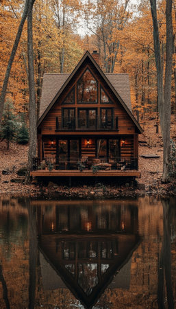 Serene Autumn Reflections in a Tranquil Forest Lake with a Cozy A-Frame Cabin by the Water s Edgeの素材