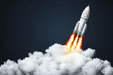 Stunning Launch of a Rocket from the Earth, Igniting the Sky with Powerful Flames and Smoke Trailの素材