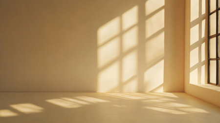 Bright and Airy Minimalist Cream Room with Abstract Light Patterns and Modern Architectural Designの素材