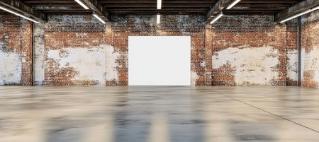 Large Blank White Sign on Brick Wall in Empty Room Perfect for Urban Style Modern Advertising Spaceの素材