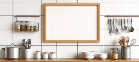 Contemporary Kitchen Interior Featuring Blank Frame, Stylish Utensils, and Elegant Decor Elementsの素材