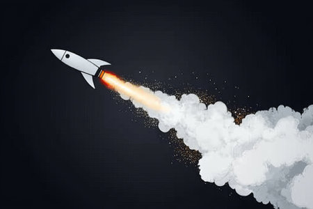 Colorful Cartoon Rocket Launching into Space with Fire and Smoke Tail, Symbolizing Adventureの素材