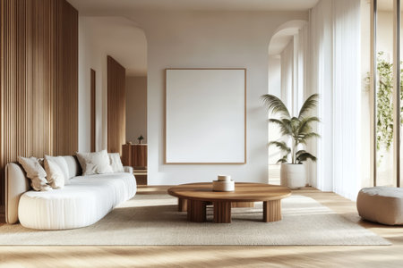 Stylish Living Room with Contemporary Design Elements, Perfect Blank Canvas for Personalizationの素材