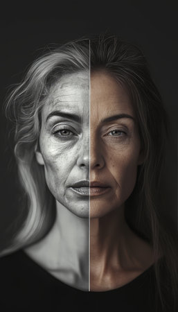 Transformation of a Face Displaying Two Lifetimes Youthful Beauty to Aged Wisdom and Wrinklesの素材