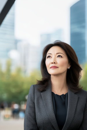 Asian Businesswoman Gazing at City Lights, Embracing Career Optimism and Future Aspirationsの素材