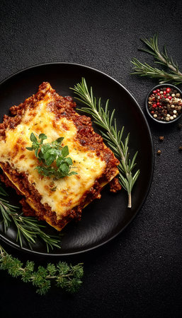 Delicious Gourmet Italian Lasagna with Layers of Cheese, Fresh Pasta, and Savory Meat Sauce on Plateの素材