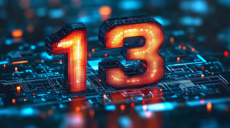 Futuristic Glowing Number Thirteen on a High-Tech Circuit Board, Representing Digital Innovationの素材