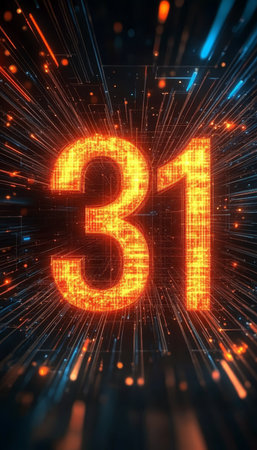 Digital Visualization of Number Thirty-One Surrounded by Abstract Patterns and Glowing Light Streaksの素材